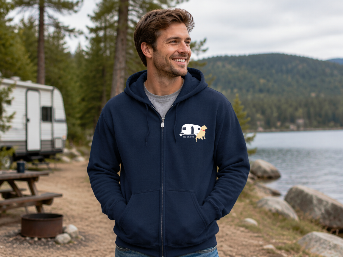 Navy zip hoodie with "Never RV Alone" design, heavyweight and super soft for cold RV nights