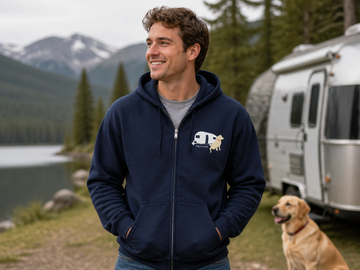 Navy navy heavyweight zip hoodie with front zipper and unisex fit, ideal for RV trips