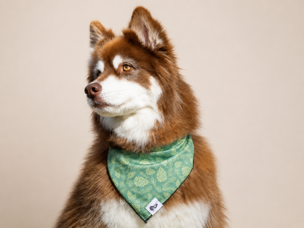 Dog wearing Pine Cone Pup Bandana with pine tree and cone design outdoors