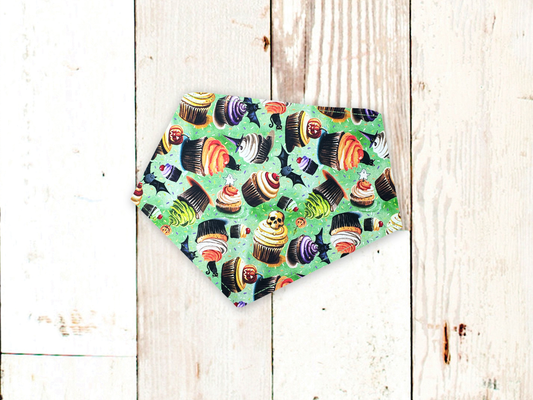 Halloween Cupcakes dog bandana with adjustable snaps and flannel backing for a stylish pup