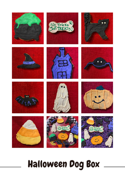 Halloween organic dog cookie box with peanut butter treats in spooky shapes including cauldron, ghost, pumpkin, witch hat, black cat, spider, and haunted house on red background