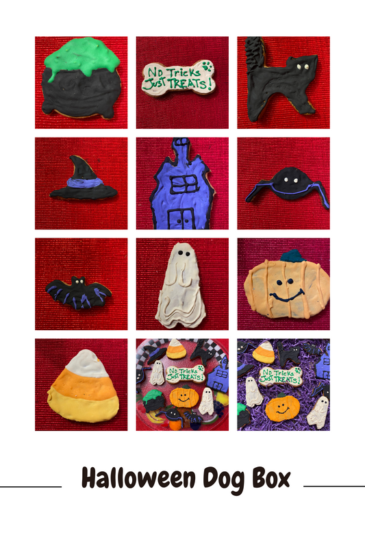 Pink box of Halloween-themed organic dog cookies shaped like pumpkins and ghosts