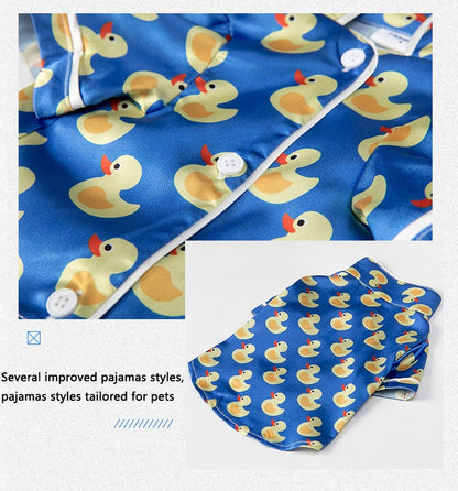 French Bulldog wearing soft pet silk duck pajamas with button closure and duck pattern