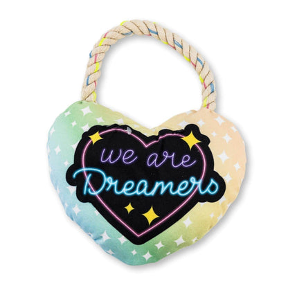 Love Heart Plush Dog Toy heart-shaped with "we are Dreamers" text, soft fabric, rope handle, squeaker and crinkle paper inside for playful dogs