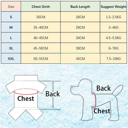 Denim jumpsuit for small dogs with chest and back measurements, size chart for Chihuahua and Pug outfits