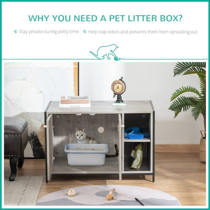 Hidden cat litter box enclosure furniture with double doors, side entry, storage compartments, and odor control features