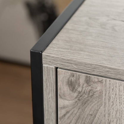 Close-up of wooden Hidden Cat Litter Box Enclosure corner with steel frame in light wood finish