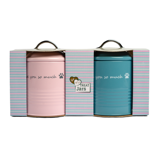 Pink and blue "I Love You So Much" dog treat canister gift set with airtight seal and chrome handles