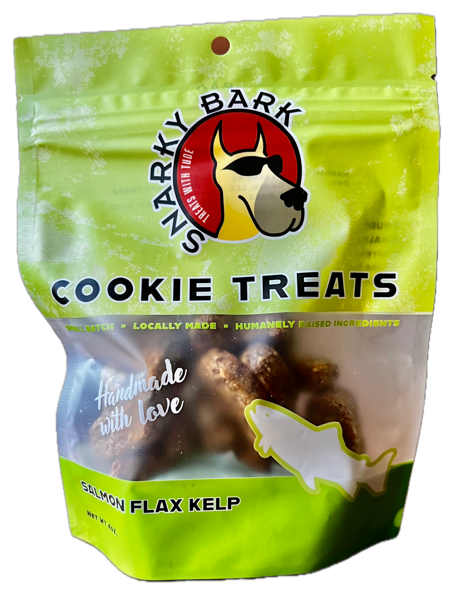 Snarky Bark Salmon Flax Kelp Cookie Treats in resealable green package for dogs
