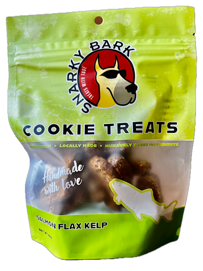 Snarky Bark Salmon Flax Kelp Cookie Treats in resealable green package for dogs