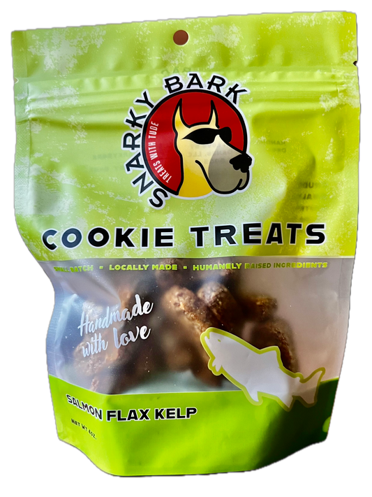 Snarky Bark Salmon Flax Kelp Cookie Treats in resealable green package for dogs
