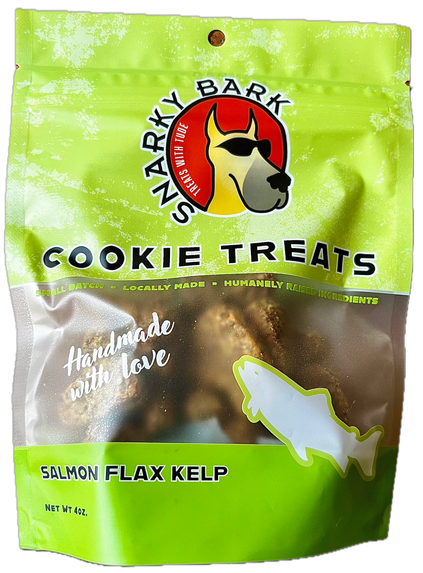 Snarky Bark Salmon Flax Kelp Cookie Treats for dogs in resealable green bag