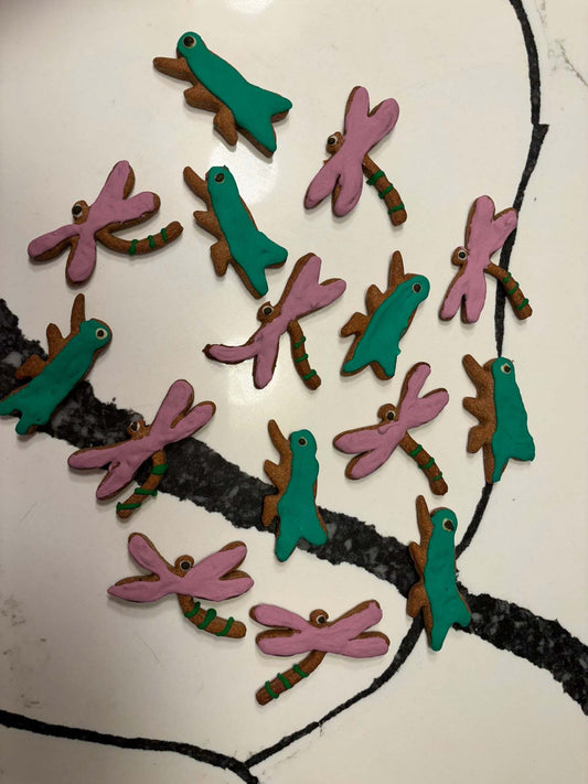 Organic dragonflies and grasshoppers dog cookies with peanut butter, handmade, crunchy treats for pups