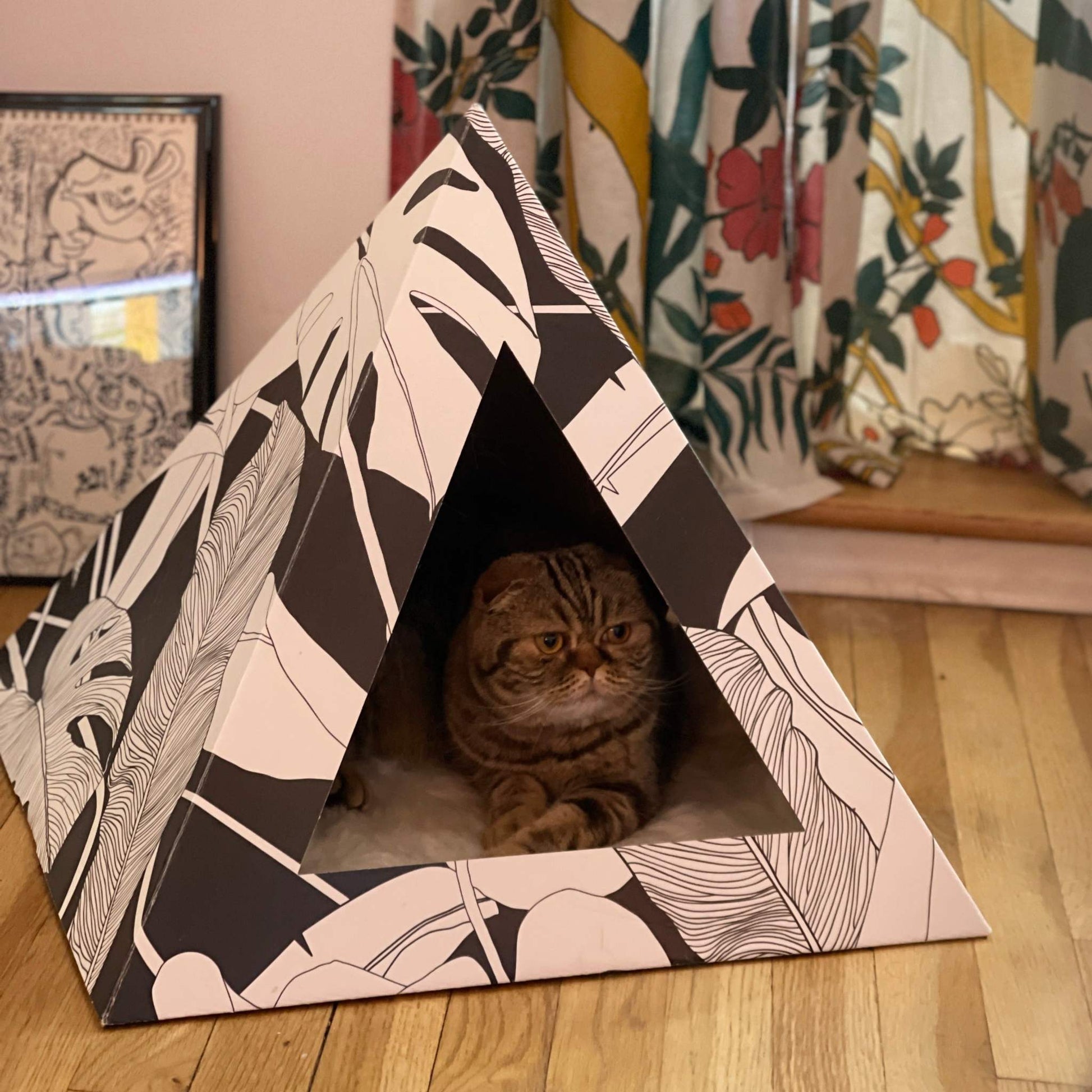 Dark Paradise Cardboard cat pyramid with artistic black and white leaf design and a cat inside on wooden floor