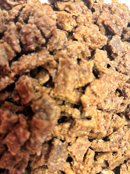 Close-up of organic beef dog training treats with a grain-gentle, high-protein texture