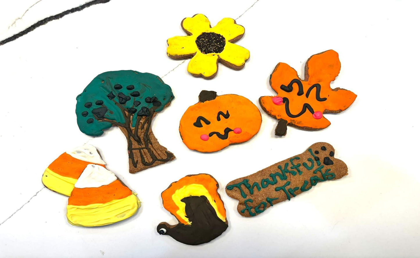 Fall-themed peanut butter dog cookies shaped like pumpkin, leaf, flower, tree, candy corn, and turkey with "Thankful for Treats" message.