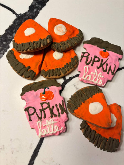 Organic Pumpkin Latte Cookies for Dogs decorated with peanut butter and cinnamon icing
