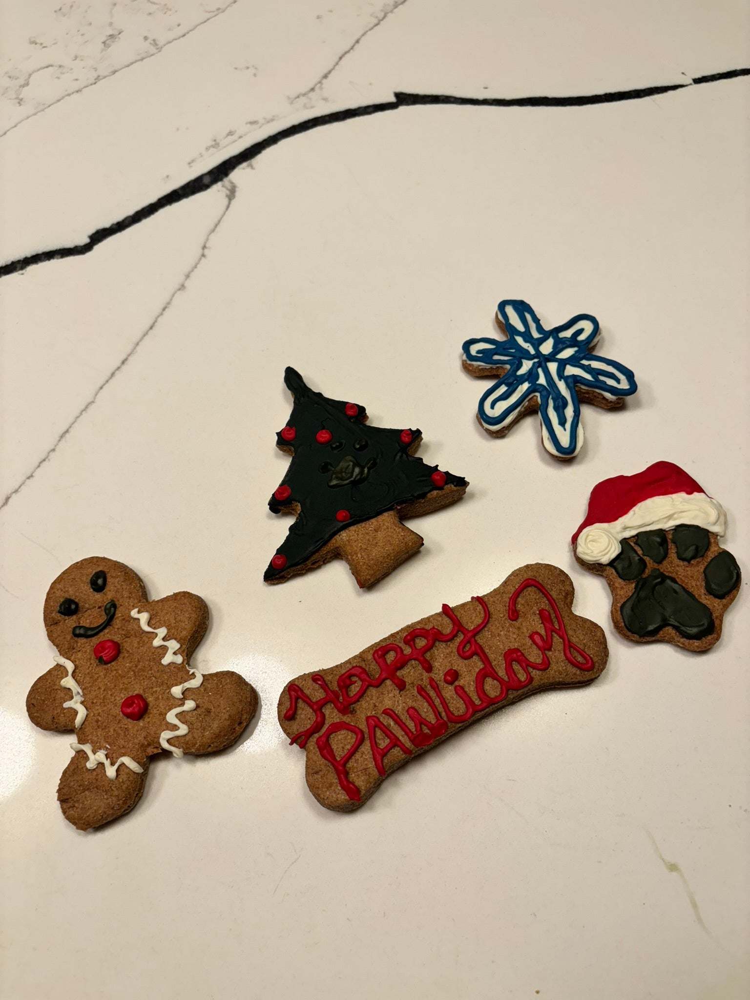 Christmas dog peanut butter cookies in festive shapes including gingerbread, Christmas tree, paw print, snowflake, and bone with "Happy PAWlidays" message
