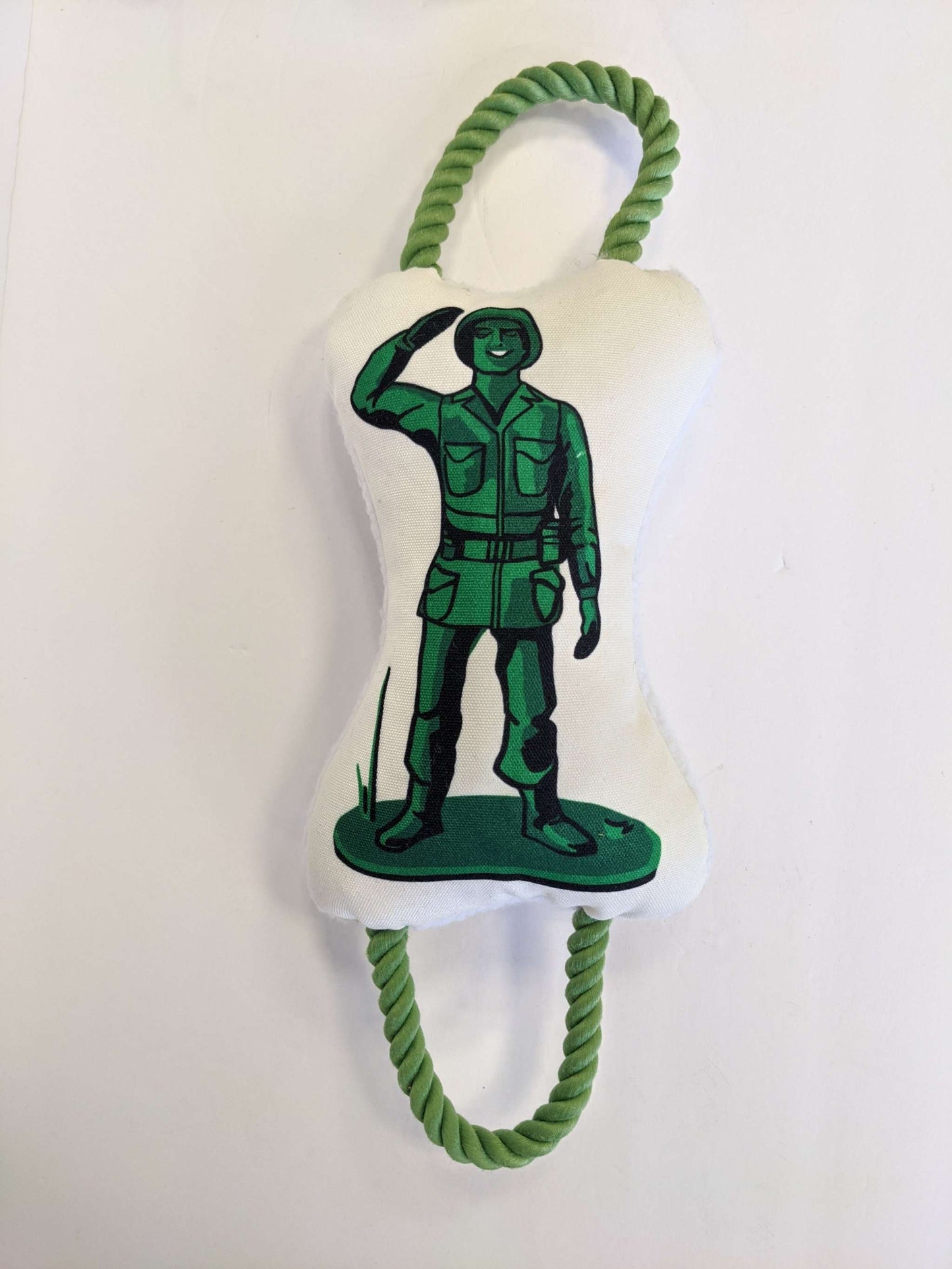 Retro Soldier plush dog toy with green rope, squeaker, and crinkle paper for interactive play