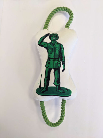 Retro Soldier plush dog toy with green rope, squeaker, and crinkle paper for interactive play