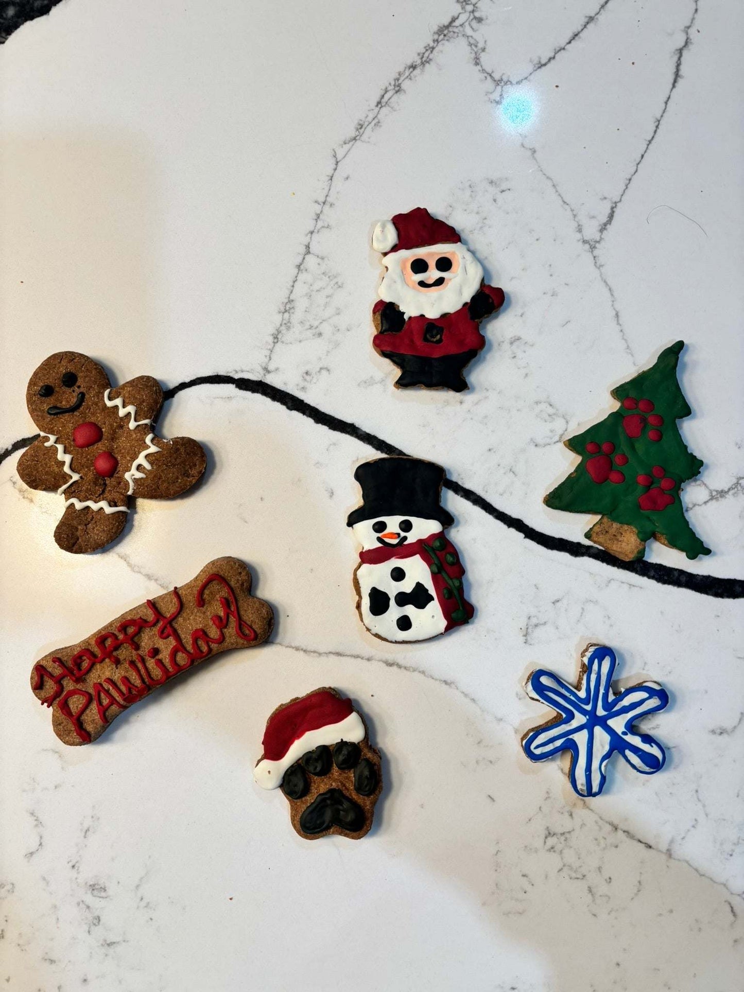 Whimsical Organic Christmas dog cookies in festive shapes including Santa, snowman, tree, snowflake, gingerbread, and paw print with holiday icing.