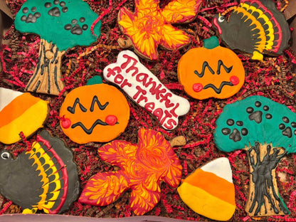 Thanksgiving organic dog cookie box with peanut butter treats in festive shapes