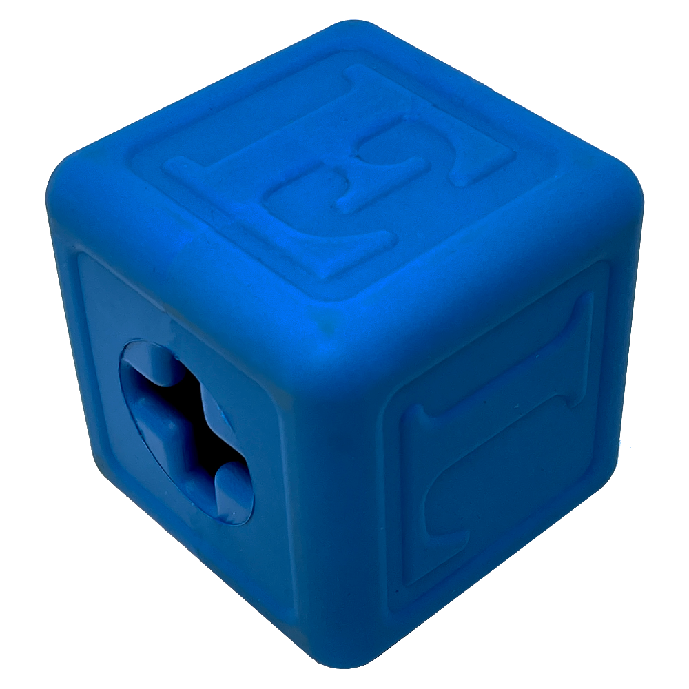 Blue Love Cube eDispenser durable rubber dog chew toy and treat dispenser with raised letters, made in USA