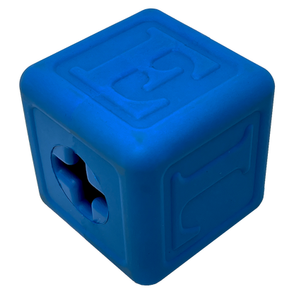 Blue Love Cube eDispenser durable rubber dog chew toy and treat dispenser with raised letters, made in USA