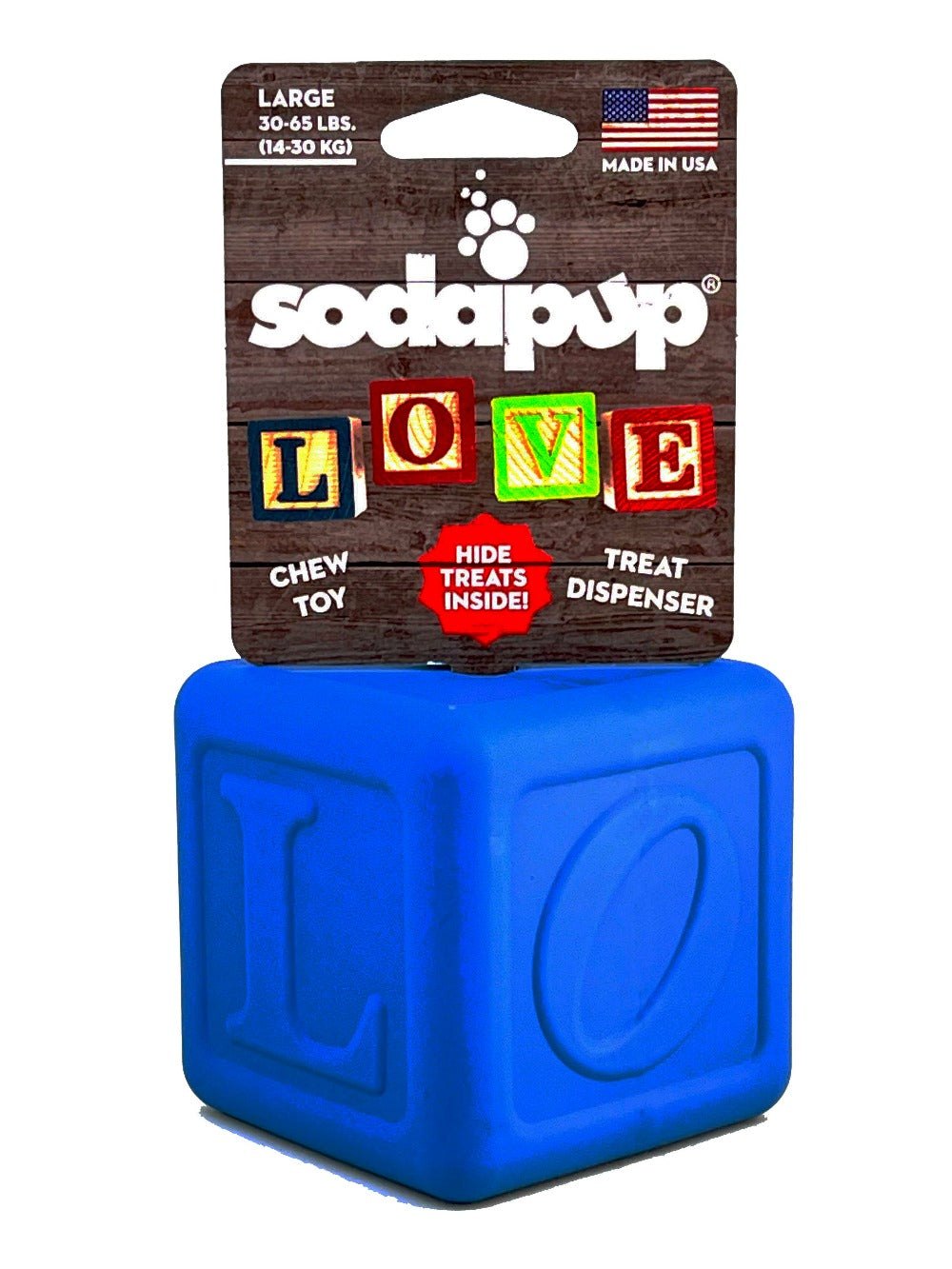 Love Cube eDispenser durable blue rubber chew toy and treat dispenser for dogs, made in USA