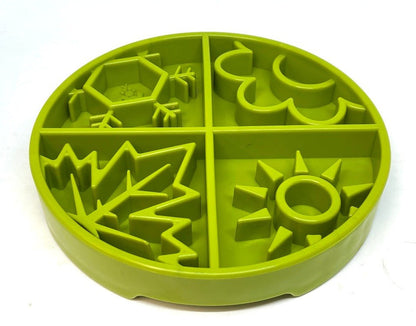 Four Seasons Design eTray shallow slow feeder dog bowl with raised ridges and seasonal patterns in green for mental enrichment and slow feeding