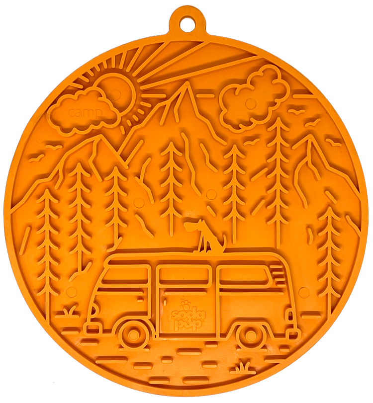Camp eMat orange lick mat with retro camper van and mountain design for dog enrichment and anxiety relief
