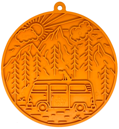 Camp eMat orange lick mat with retro camper van and mountain design for dog enrichment and anxiety relief