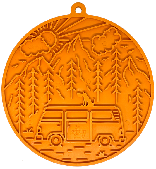 Camp eMat orange lick mat with retro camper van and mountain design for dog enrichment and anxiety relief