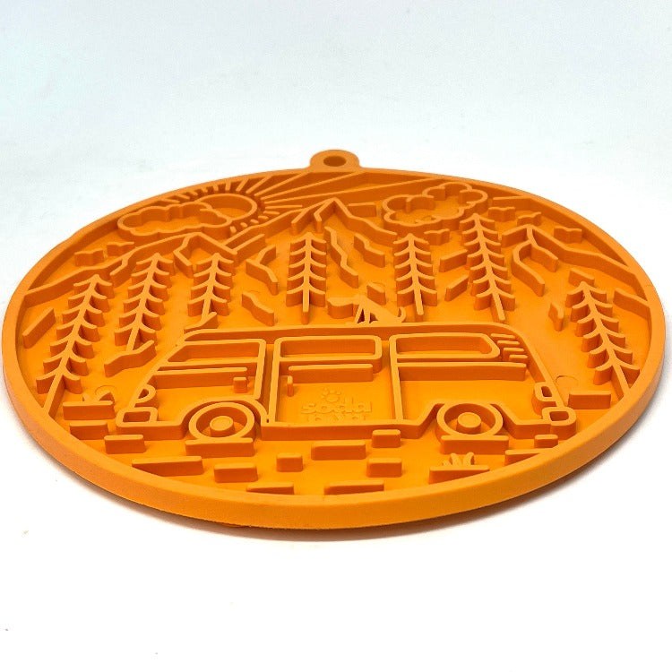 Orange retro camper van shaped Camp eMat lick mat with textured surface and suction cups for dog enrichment