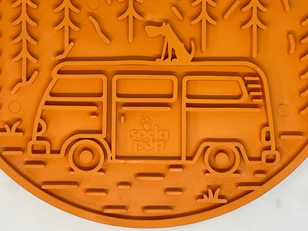 Orange retro van design Camp eMat enrichment lick mat with textured surface for dogs and cats