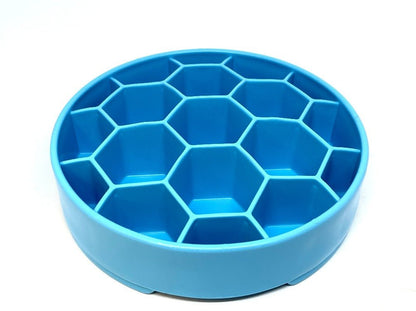 Blue Honeycomb eBowl slow feeder dog bowl with hexagonal compartments for mental enrichment and slower eating