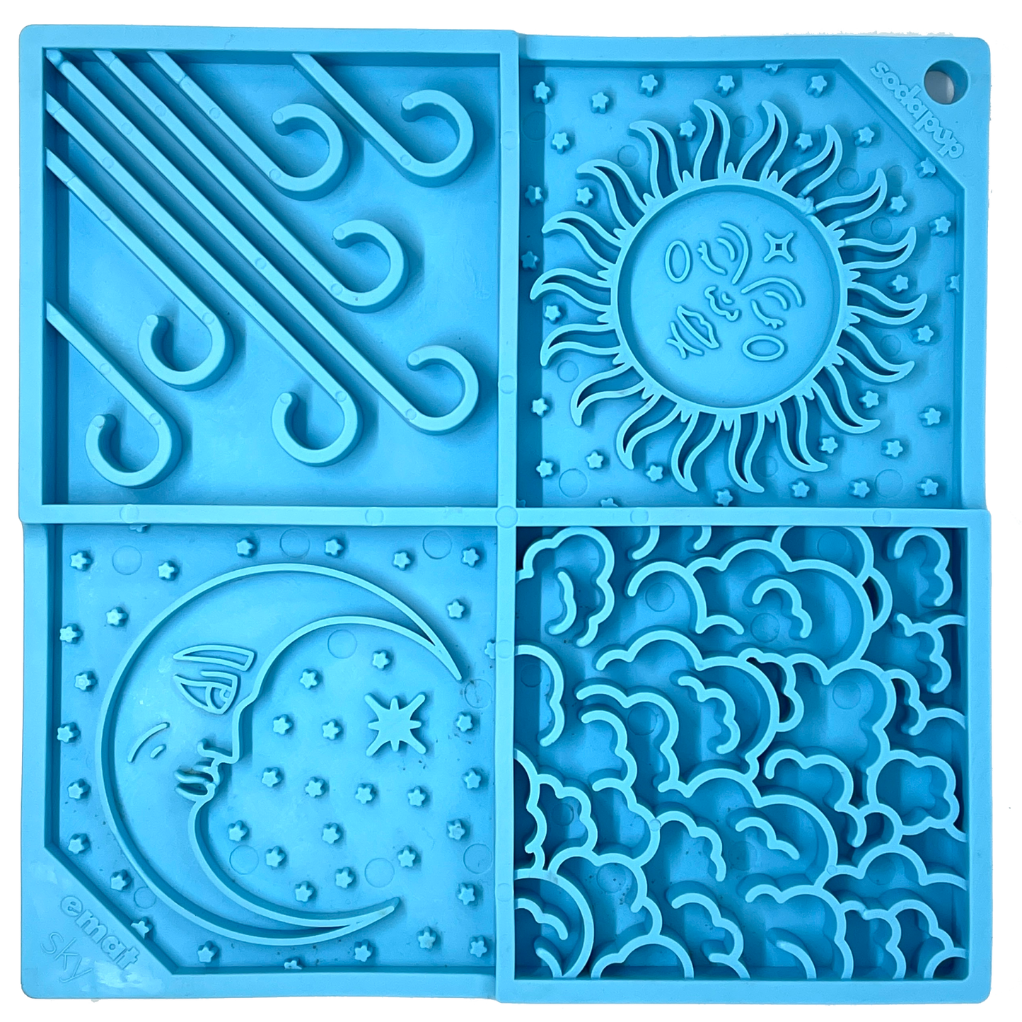 Sky eMat - enrichment lick mat for dogs and cats with celestial sun, moon, cloud, and star design in blue durable TPE material