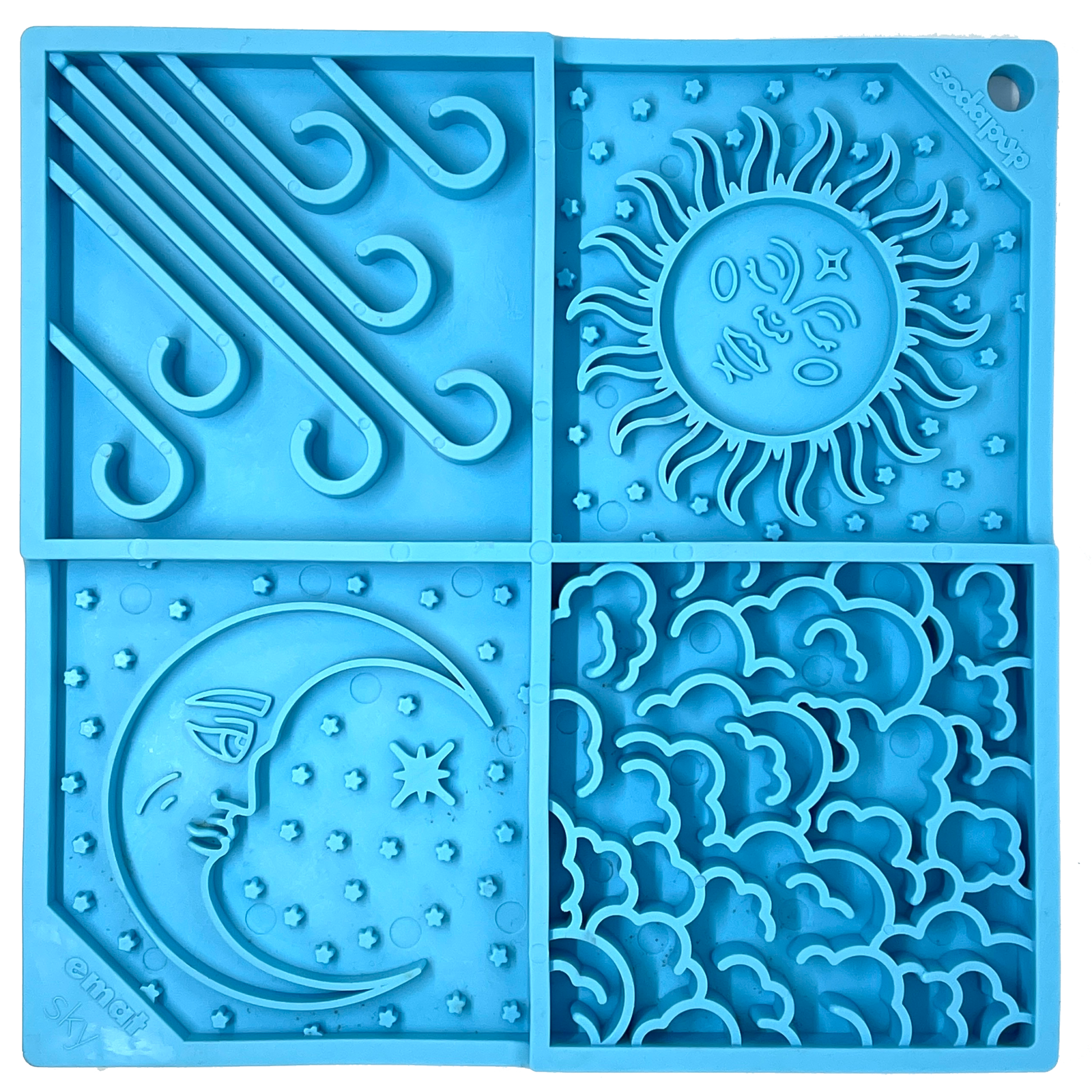 Sky eMat - enrichment lick mat for dogs and cats with celestial sun, moon, cloud, and star design in blue durable TPE material
