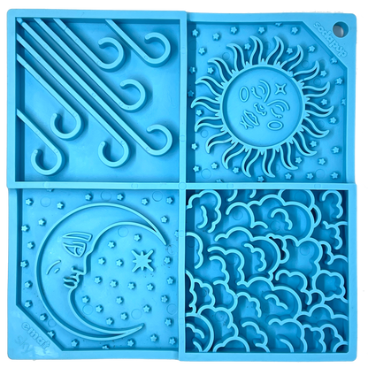 Sky eMat - enrichment lick mat for dogs and cats with celestial sun, moon, cloud, and star design in blue durable TPE material