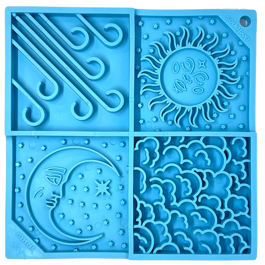 Sky eMat - enrichment lick mat for dogs and cats with celestial sun, moon, cloud, and star design in blue durable TPE material