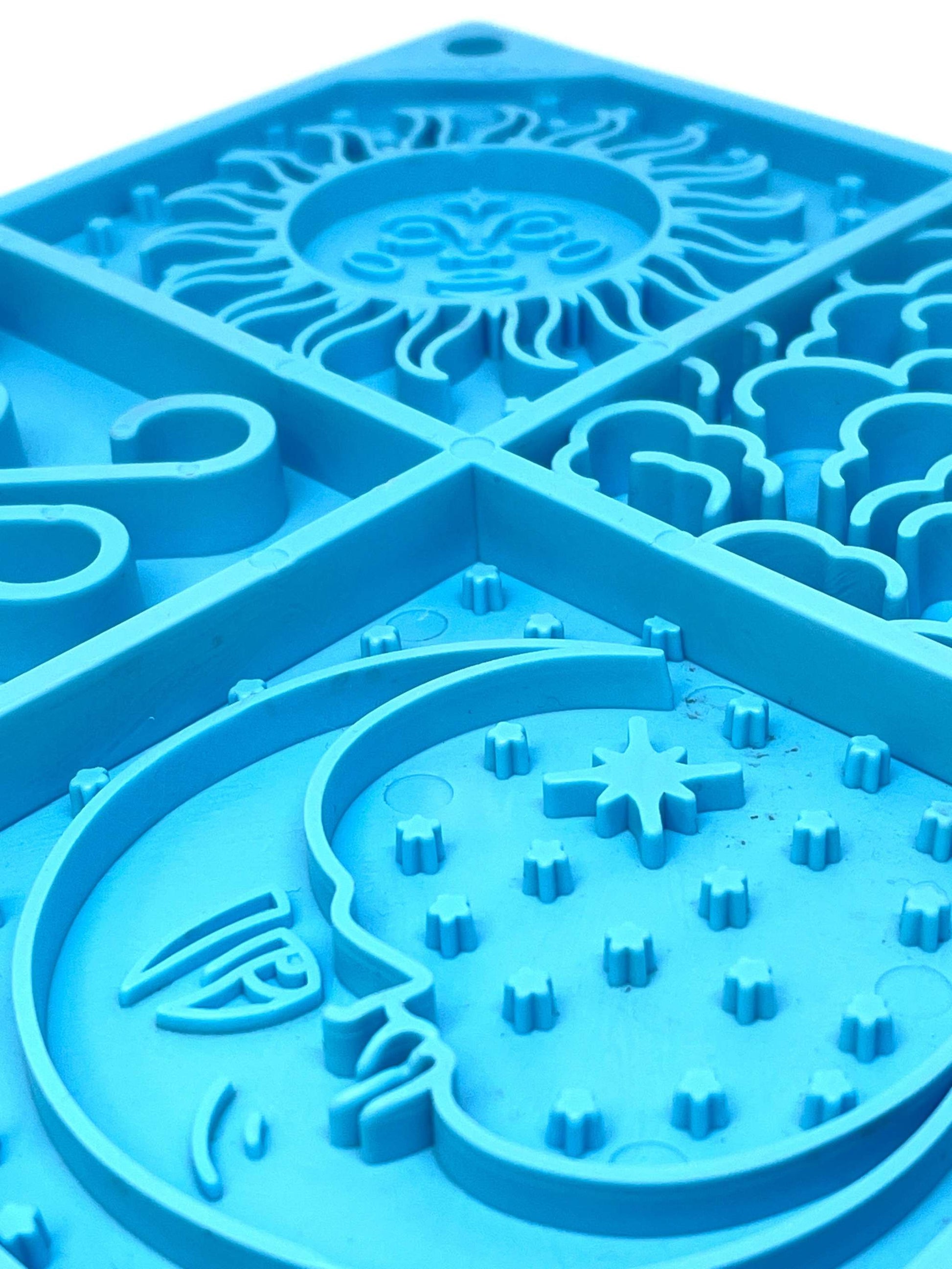 Blue Sky eMat enrichment lick mat for dogs and cats with celestial sun, moon, and cloud designs and textured surface