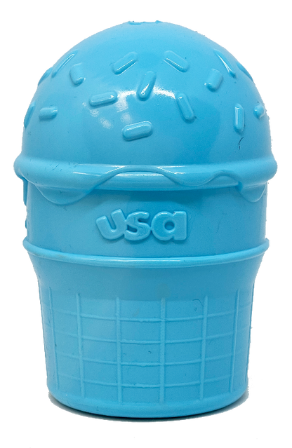 Blue durable ice cream cone shaped PUP-X rubber chew toy and treat dispenser for dogs made in USA