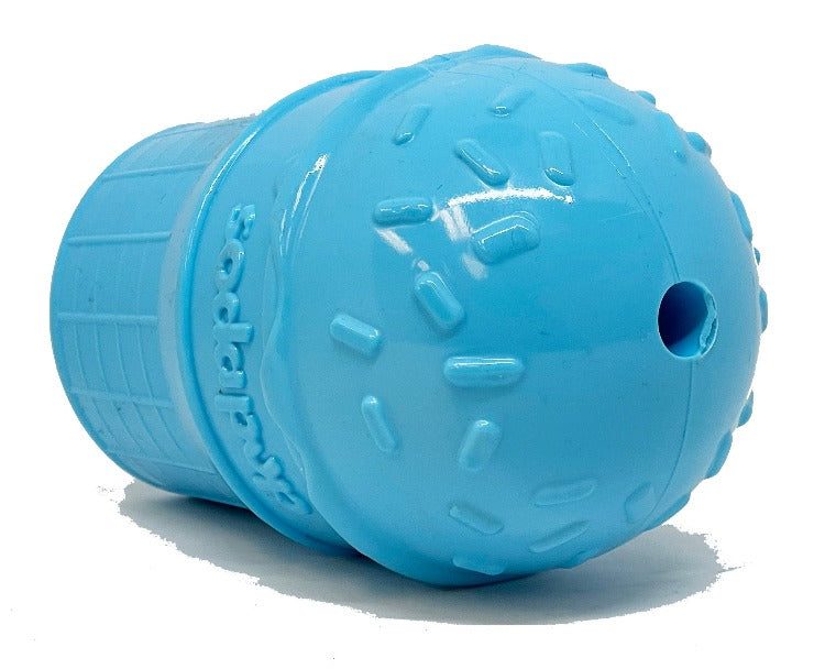Blue durable Ice Cream Cone shaped chew toy and treat dispenser for dogs made of rugged PUP-X rubber
