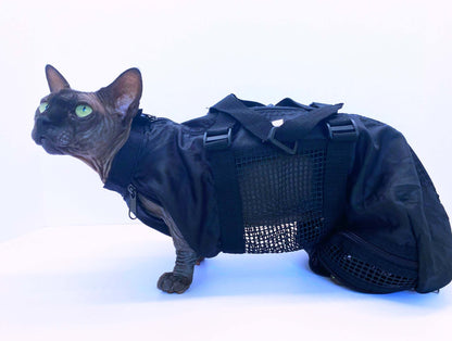 Black Cat or Dog grooming bag with mesh panels on a hairless cat for bathing and grooming
