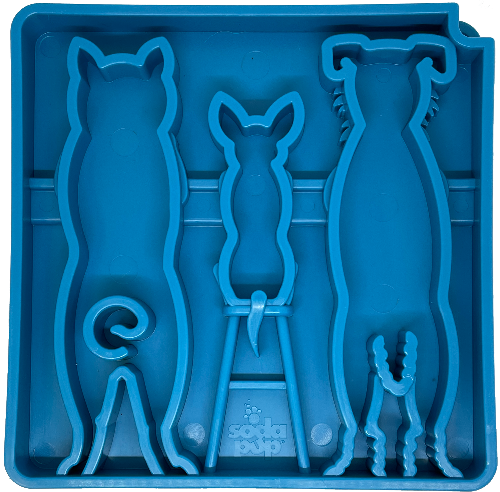 Blue shallow slow feeder bowl with raised waiting dog shapes for mental enrichment and slow feeding
