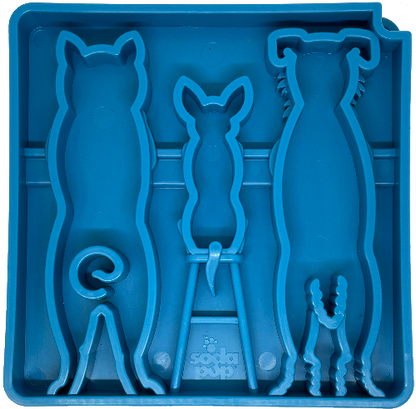 Blue shallow slow feeder bowl with raised waiting dog shapes for mental enrichment and slow feeding
