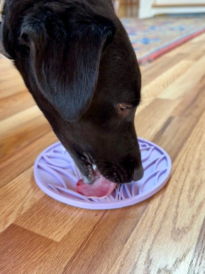 Dog licking soft treat from purple tulip design enrichment lick mat for dogs on hardwood floor