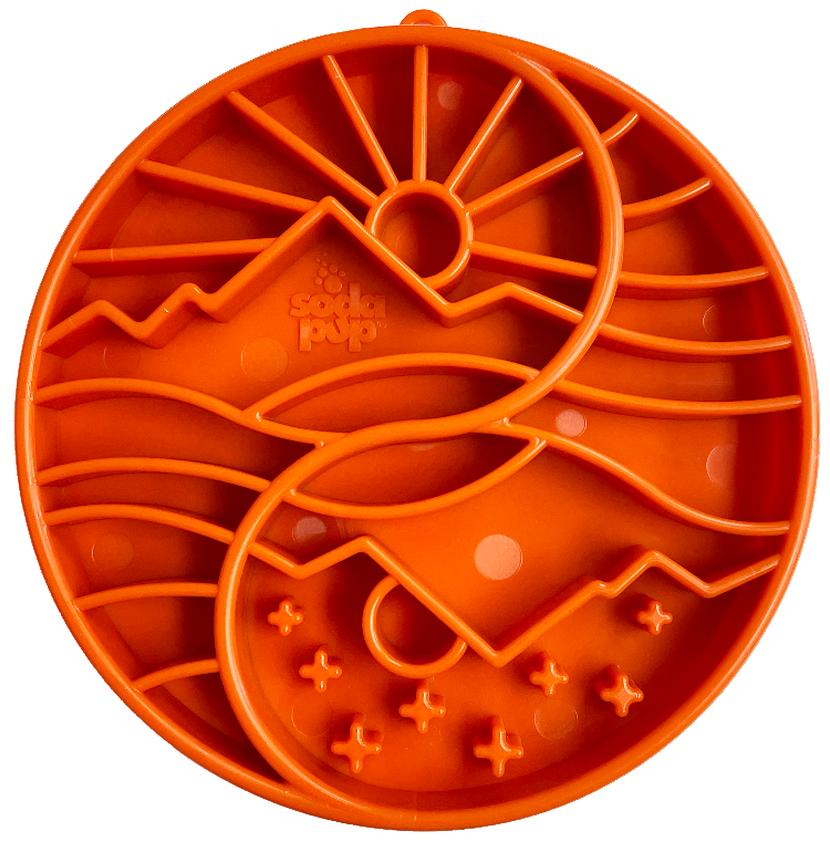 Sun and Moon Design shallow slow feeder dog bowl in burnt orange with raised ridges for mental enrichment and slow eating