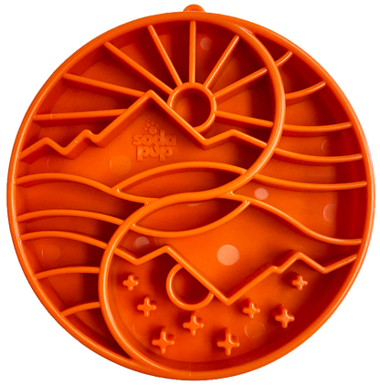 Sun and Moon Design shallow slow feeder dog bowl in burnt orange with raised ridges for mental enrichment and slow eating