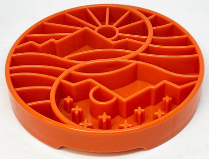 Orange Sun and Moon Design slow feeder dog bowl with raised ridges for mental enrichment and slow eating